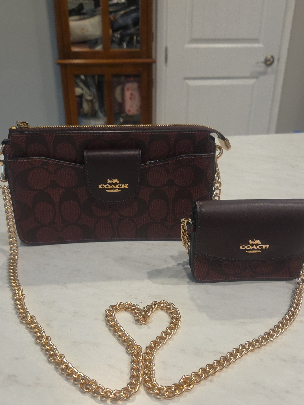 Coach NWT Dark Brown/Burgundy Leather Crossbody Bag with Coin Purse n Gold Chain